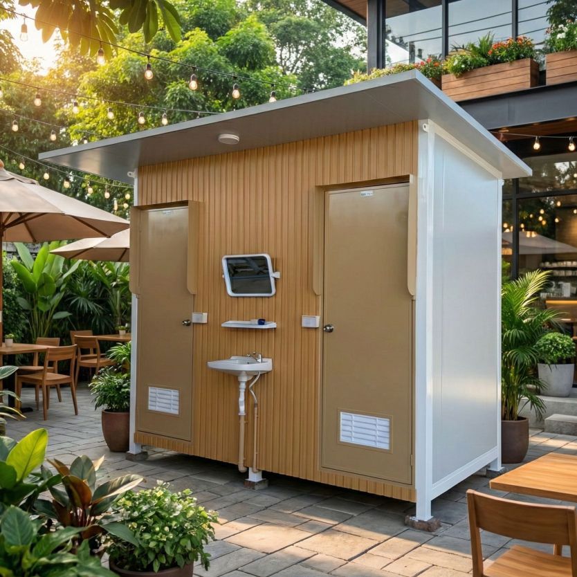 ห้องน้ำคู่ลายไม้ รุ่นนวลไม้ สำหรับร้านอาหาร คาเฟ่ ด้านข้าง