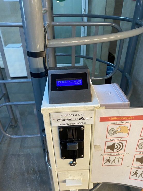 กล่องหยอดเหรียญติดตั้งกับ ประตูหมุนเข้าห้องน้ำ